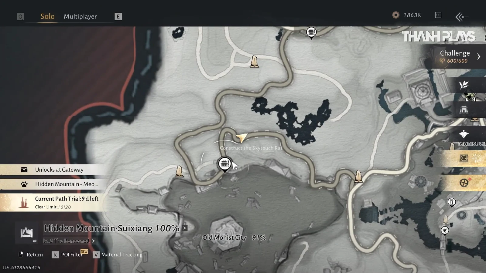 Hidden Mountain-Suixiang map highlighting Construct the Skytouch Rail near the player