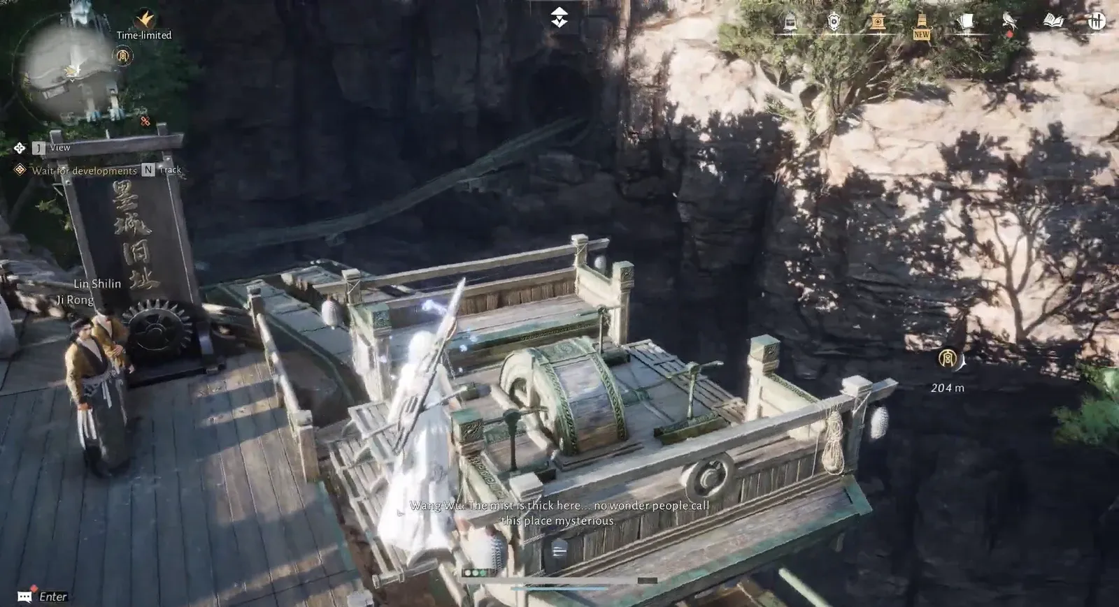 Player beside an ornate mechanical platform showing an Enter prompt