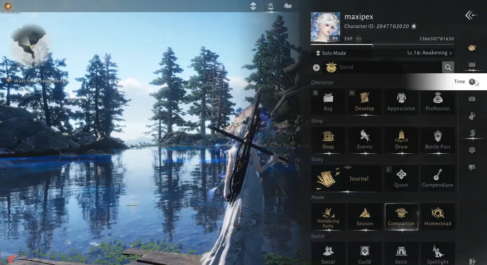 Where Winds Meet main menu open with the Companion tile highlighted in the Mode section