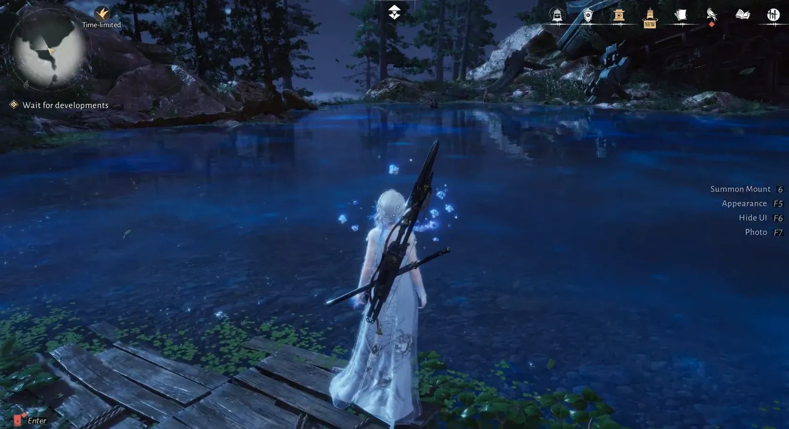 Character standing in a dark lake near a dock with the Wait for developments objective active