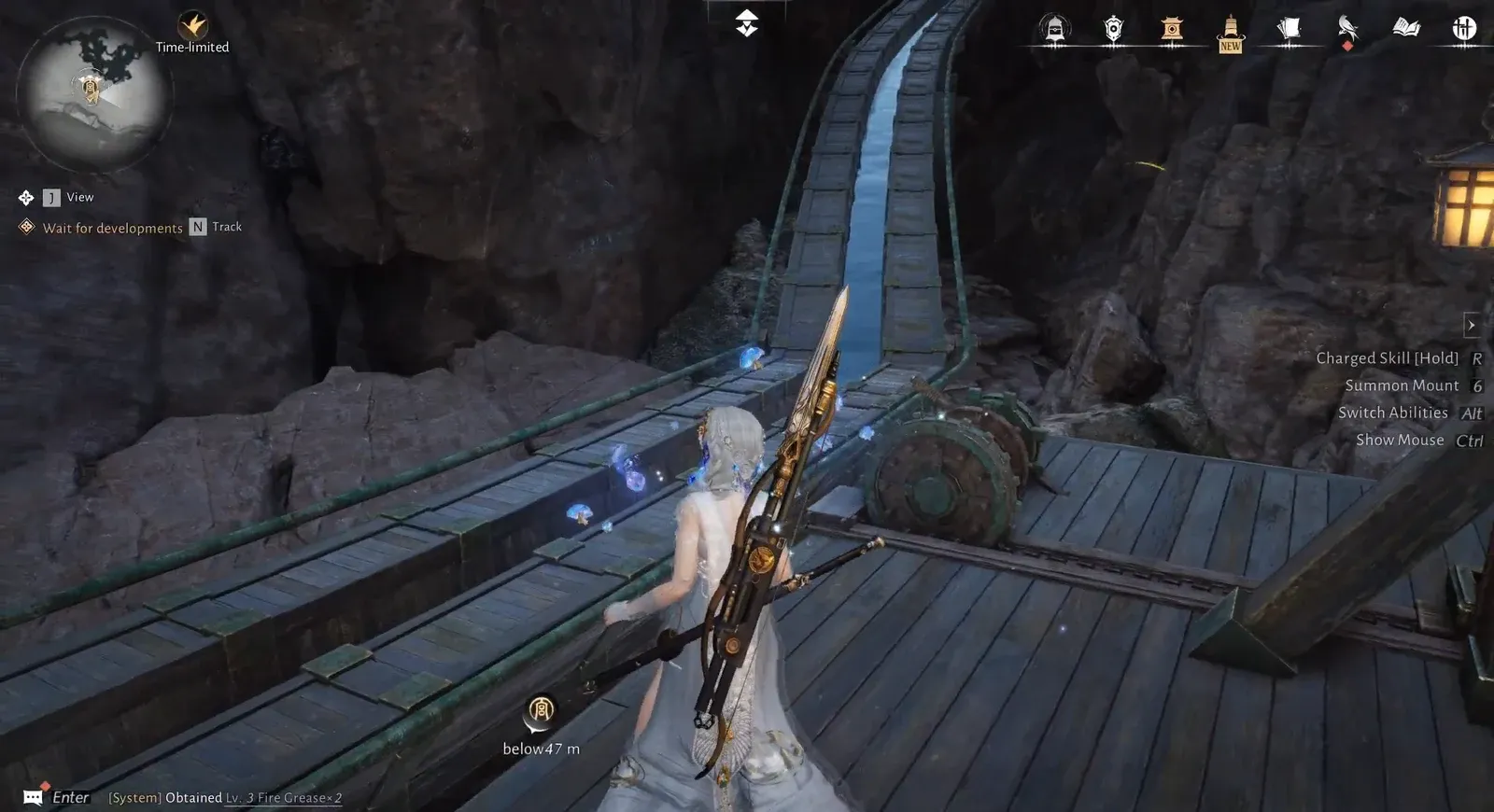 Character on a bridge over the cave tracks with the Wait for developments objective tracked
