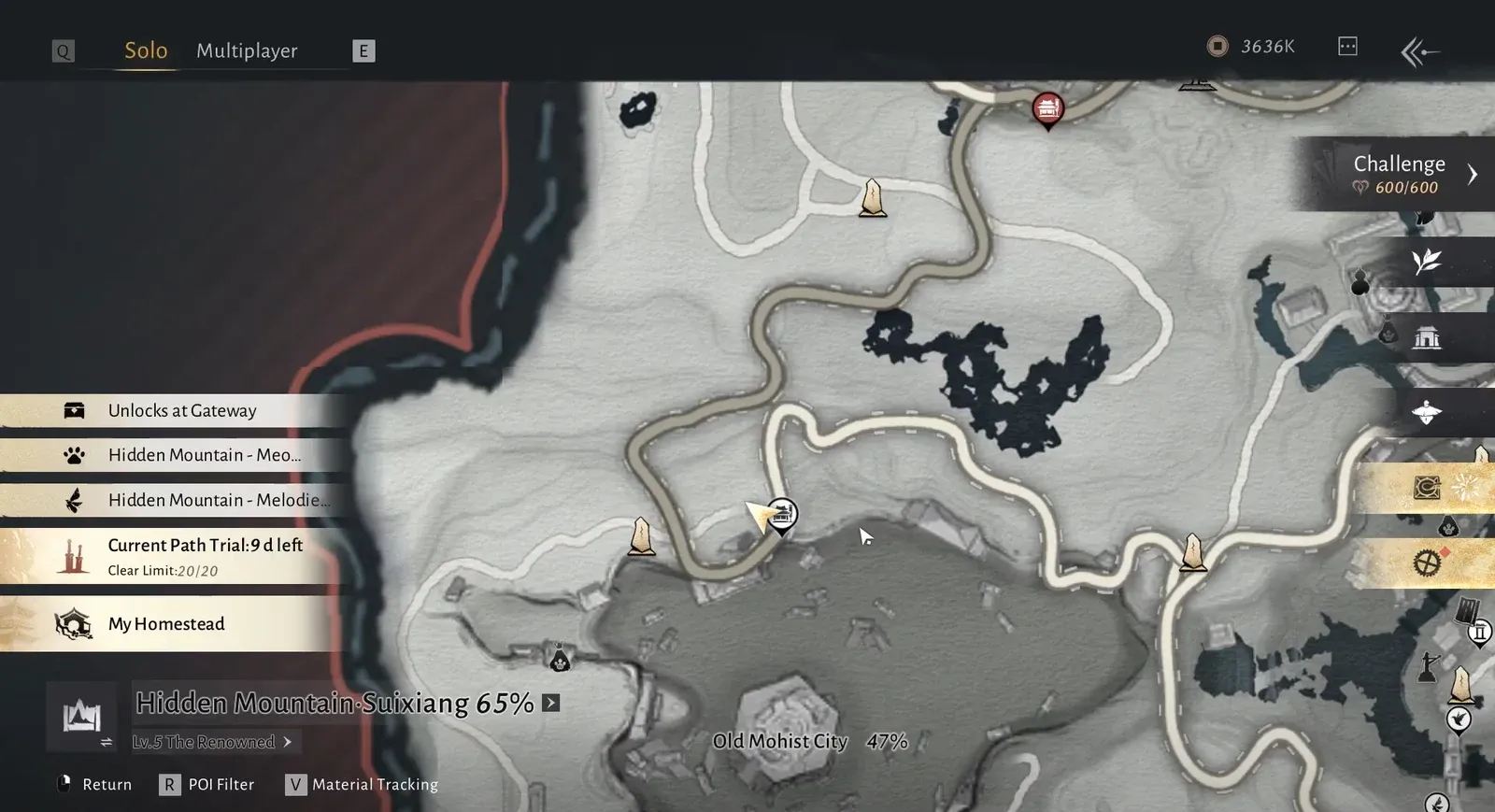 Hidden Mountain-Suxiang map open showing the selected path and travel marker
