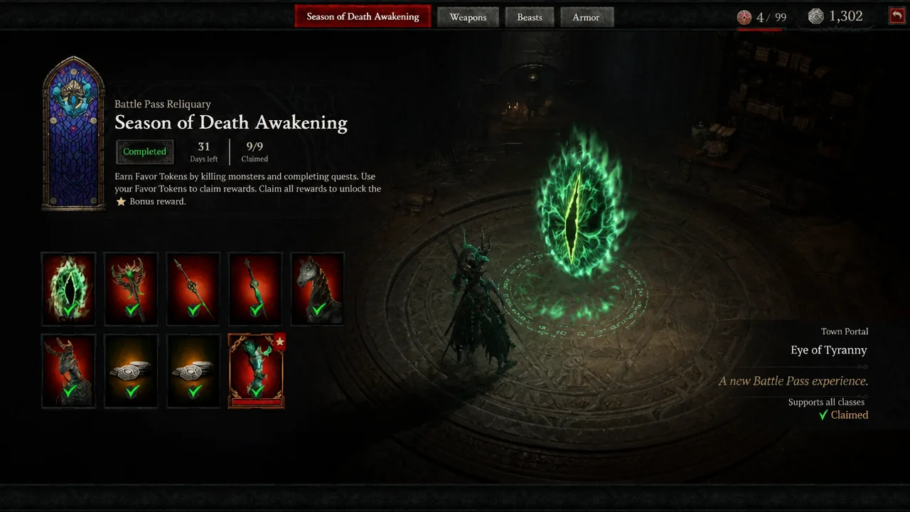 The Season of Death Awakening Reliquary with completed rewards