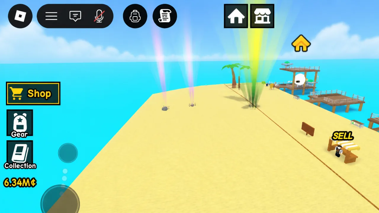 Dig and Clean island view with the Shop button highlighted on the left near the SELL stall