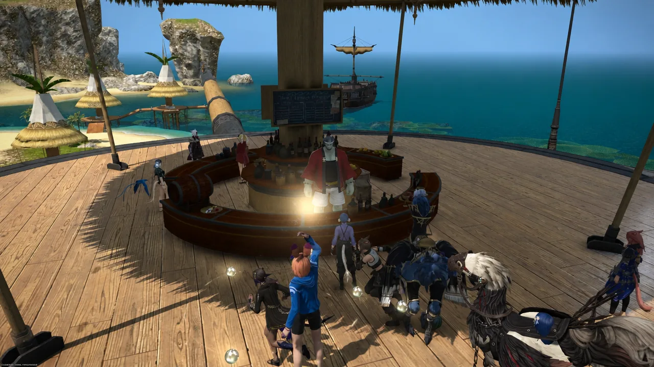 Players gather around a bartender's counter on a seaside wooden deck during the Moonfire Faire