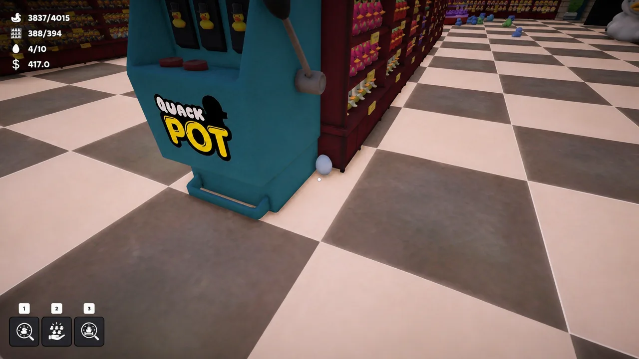 A small white egg on the floor next to the Quack Pot machine in the store aisle.