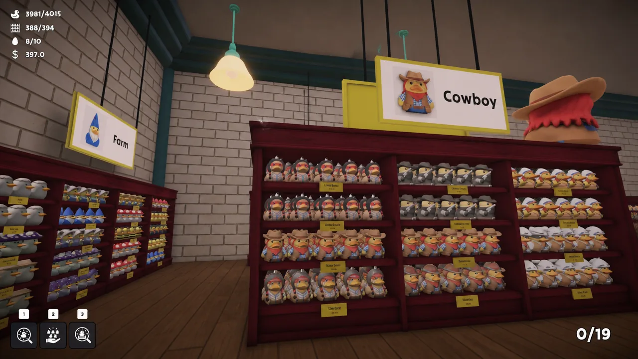 Rows of cowboy-themed rubber ducks lined up on the Cowboy section shelves.