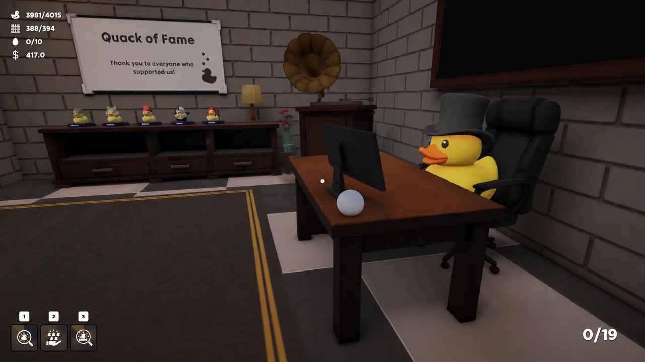 Office desk in the back room with a yellow top-hatted duck seated behind it.