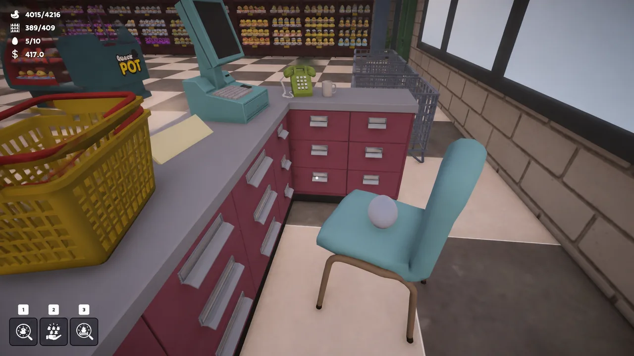 Player looking at the cabinet and chair area behind the store's cash register counter.