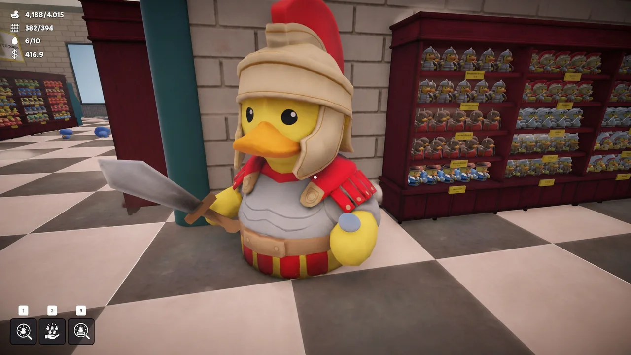 First-person view of the oversized Roman-armored duck statue standing beside the shop shelves.