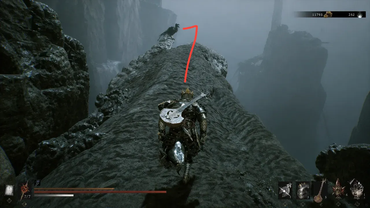 Player crossing a huge rocky surface in the Withered Shoals toward Ruk perched ahead