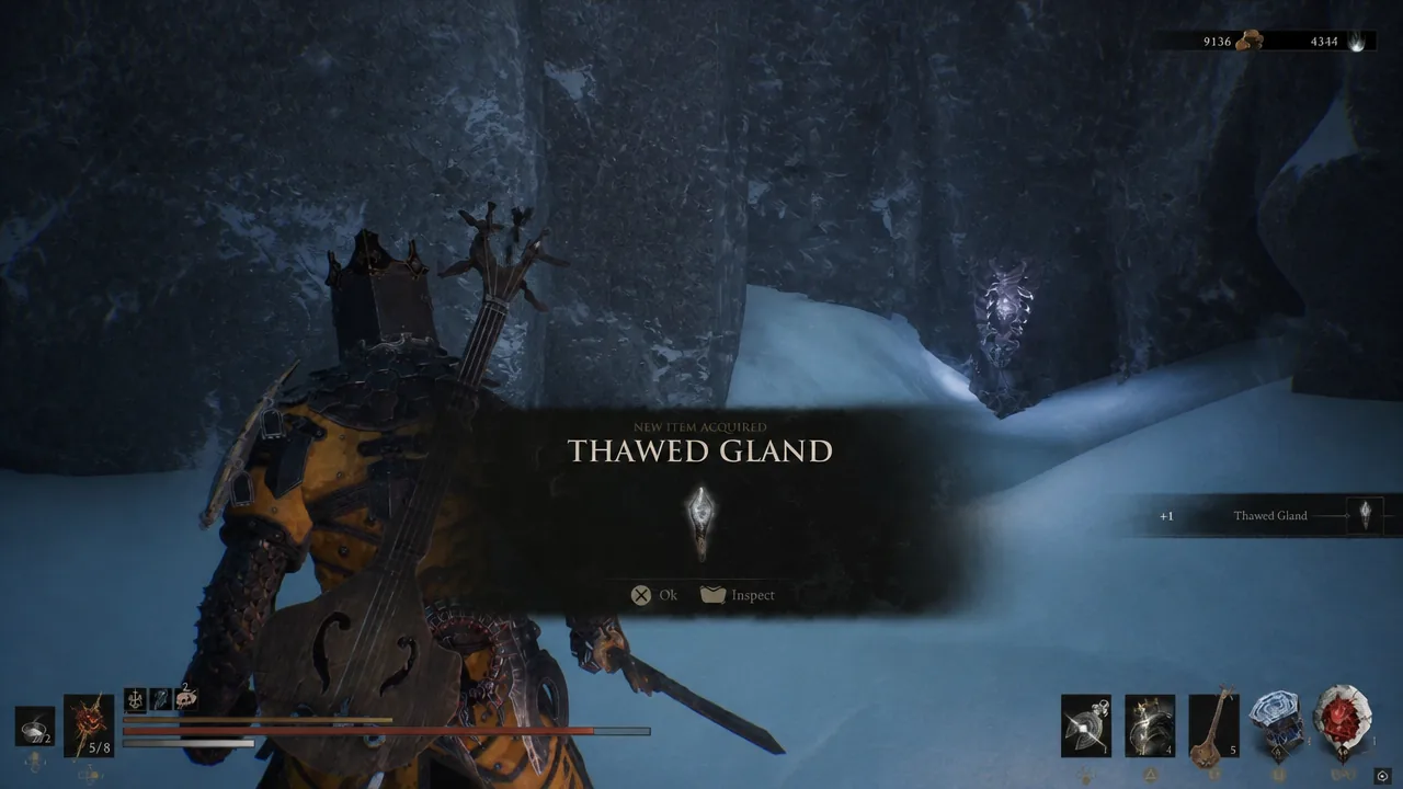 New Item Acquired popup showing the Thawed Gland with OK and inspect options