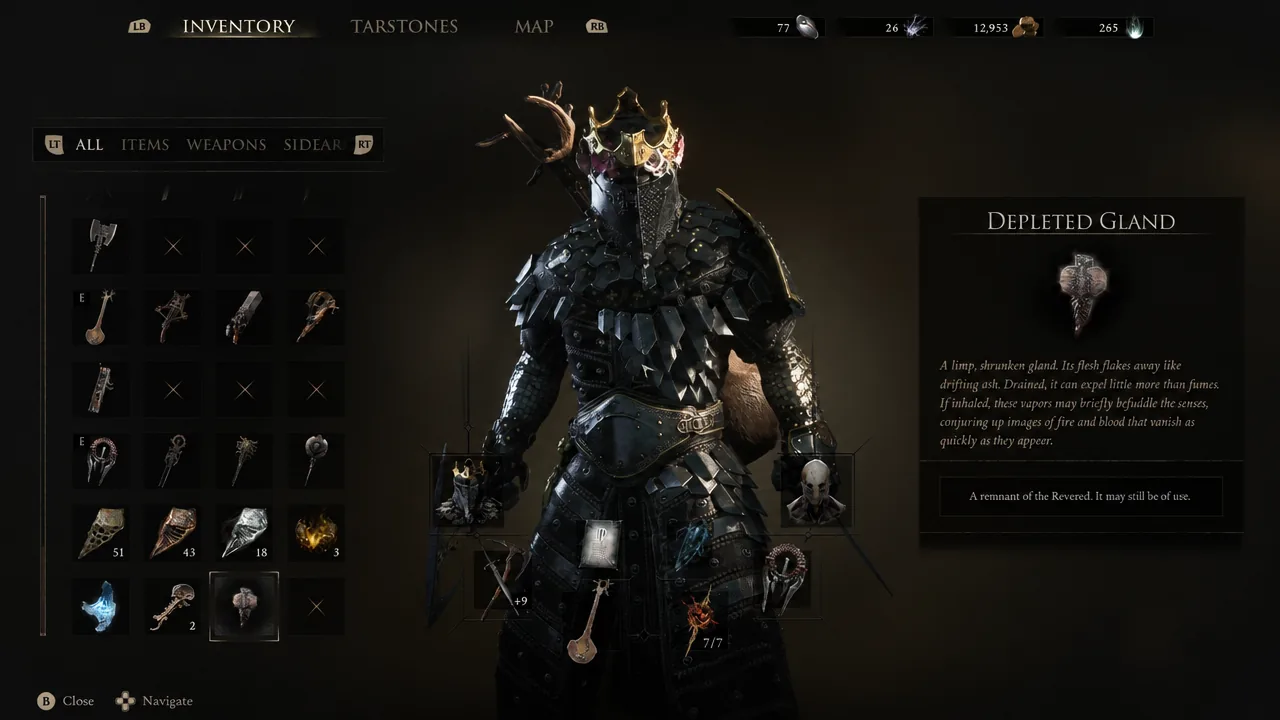 Inventory screen with the Depleted Gland selected and its description shown