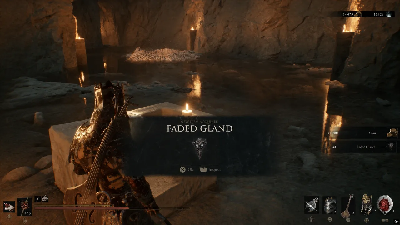 New Item Acquired popup displaying the Faded Gland after searching the candlelit well