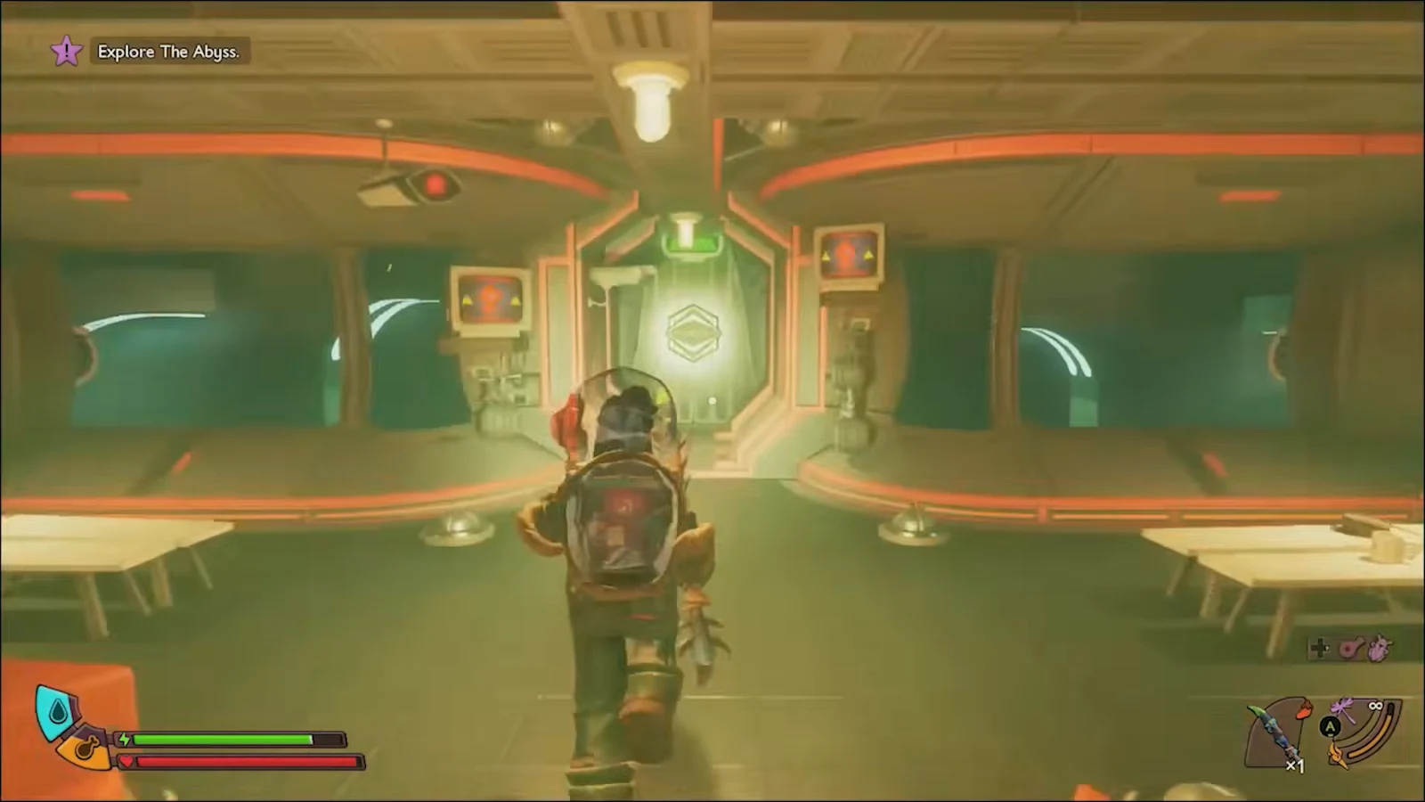 Explore The Abyss objective active as the player moves toward a glowing door in the station room