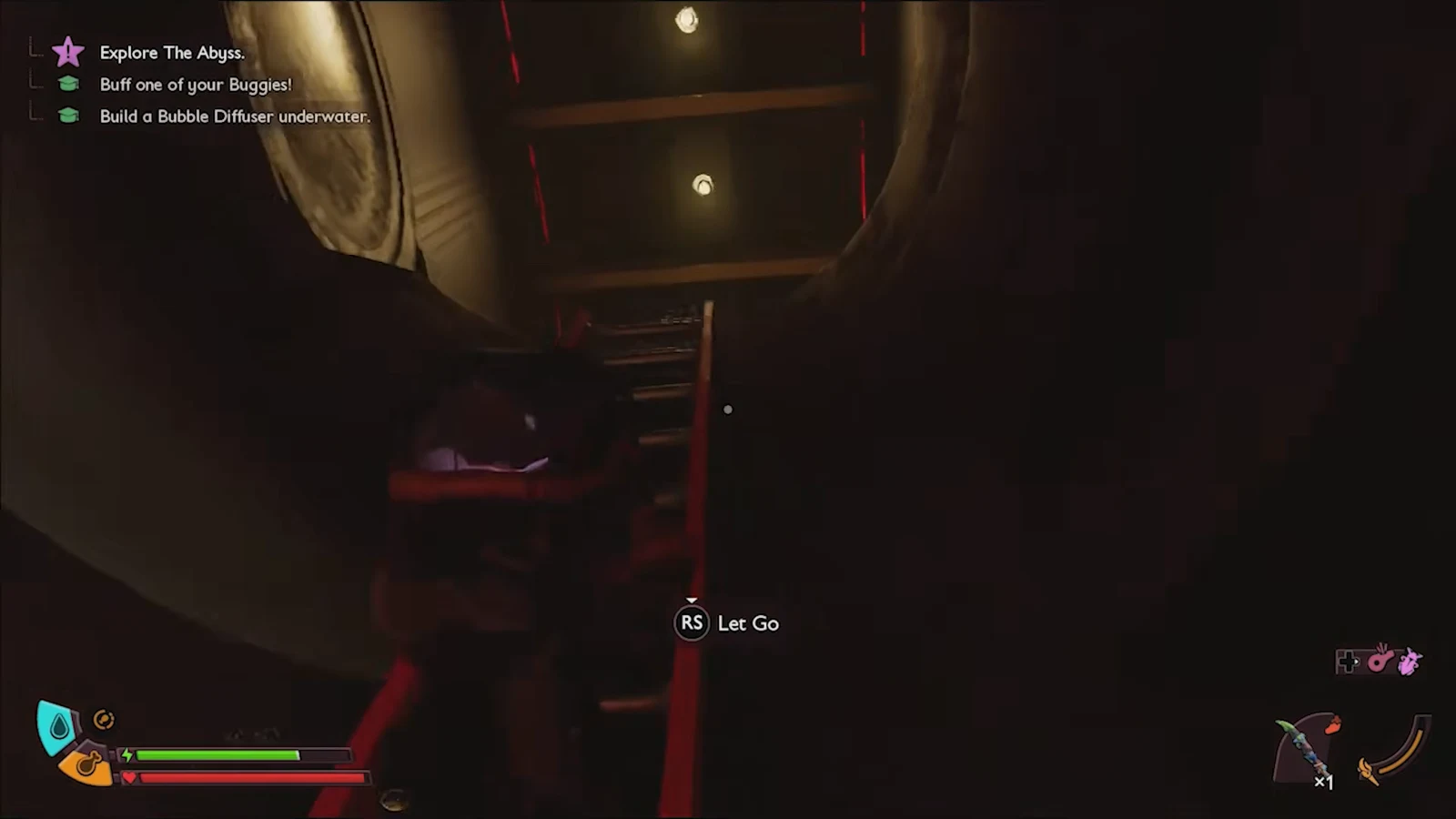 RS Let Go climbing prompt while ascending a ladder inside a dark underwater structure