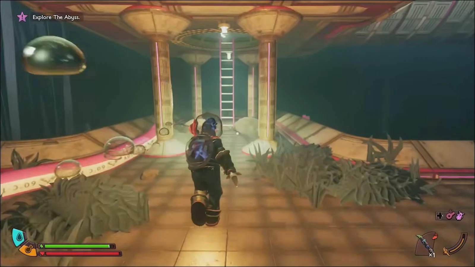 Character approaching the central ladder inside the outpost with the Explore The Abyss objective visible
