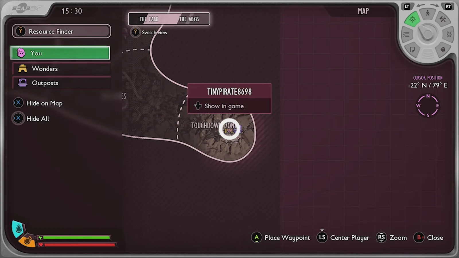 Map screen with Resource Finder set to You and the player marker selected