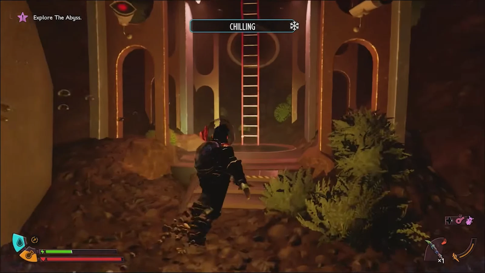 Character swimming toward a central ladder with the CHILLING status active in the Abyss