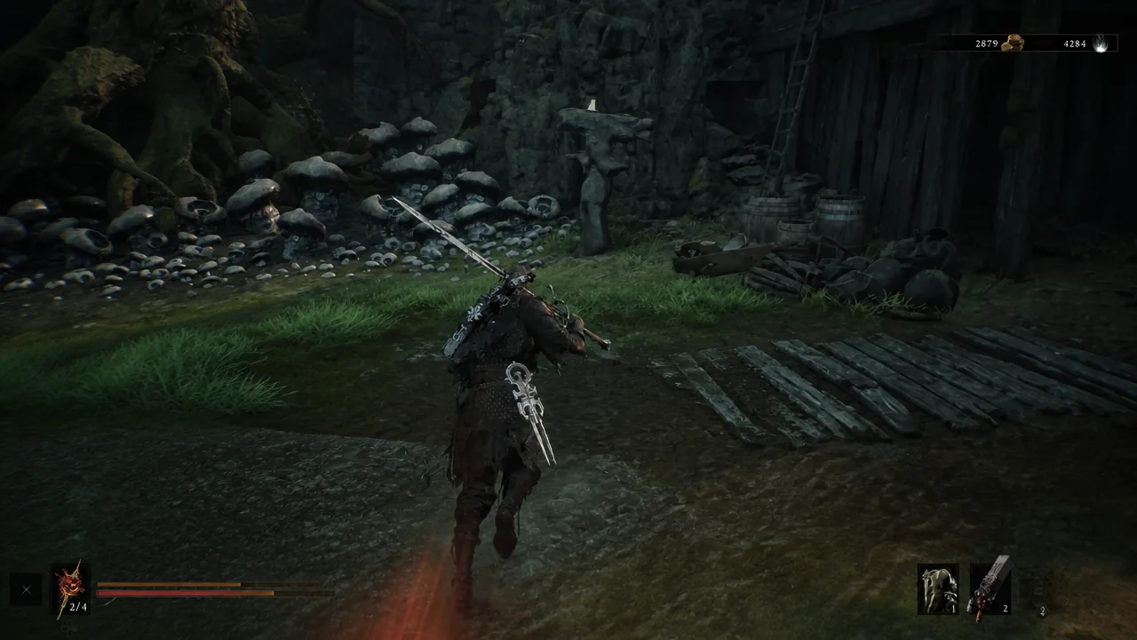 Player running through a mushroom-filled cavern toward a wooden hut