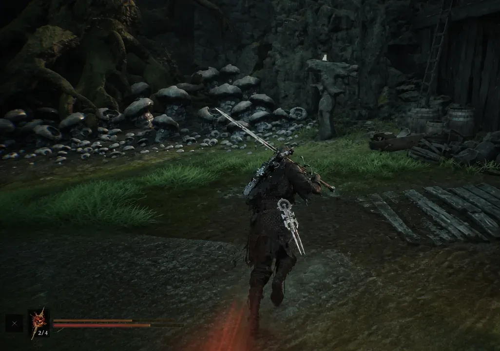 Player running through a mushroom-filled cavern toward a wooden hut