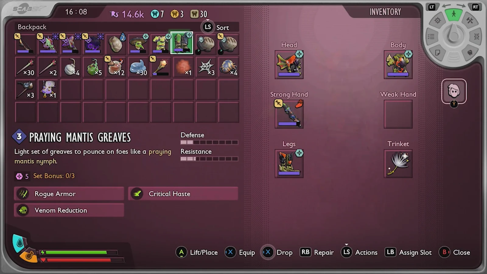 Backpack menu showing greaves with defense, resistance, and set bonus details before the dive