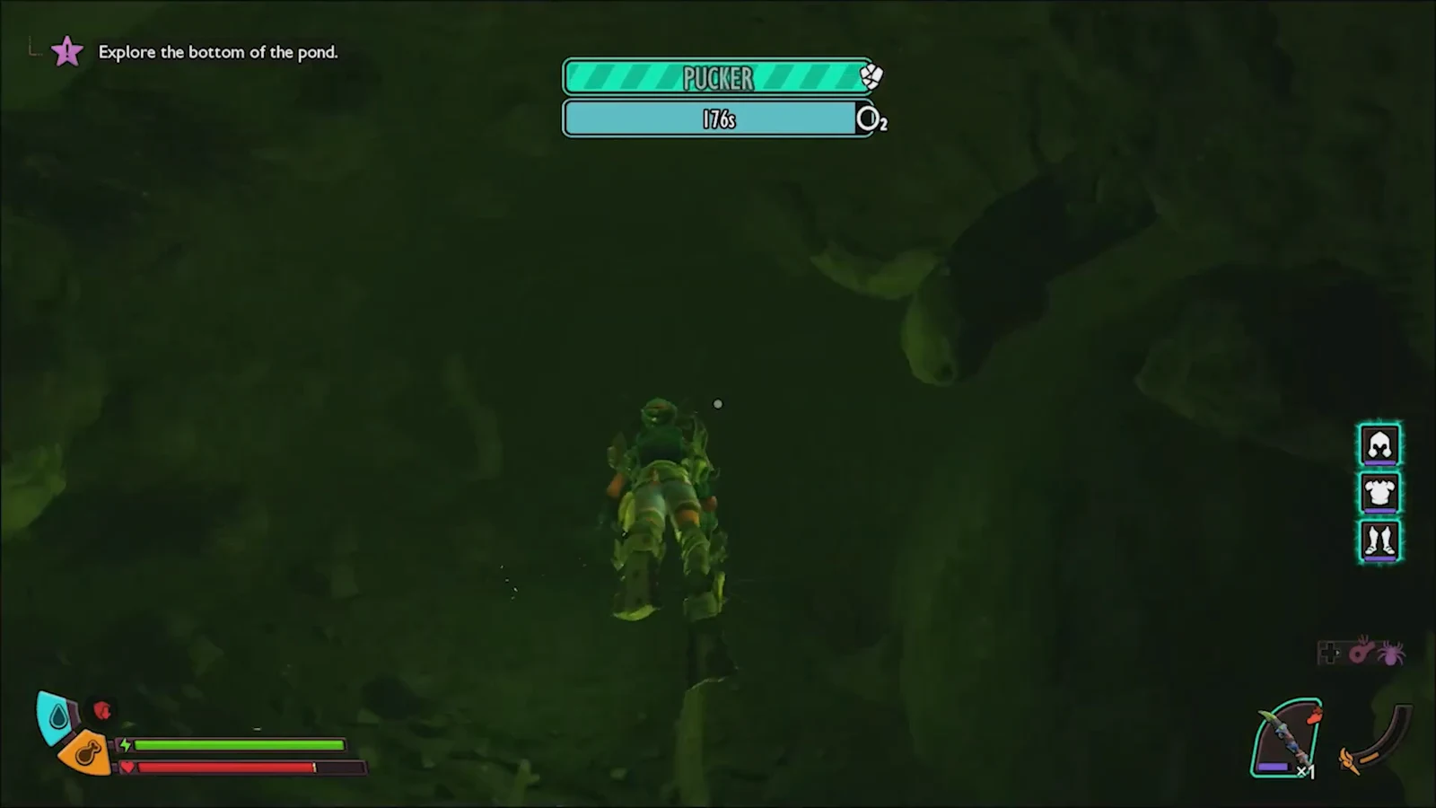 Character swimming down the underwater cavern with an oxygen timer counting down