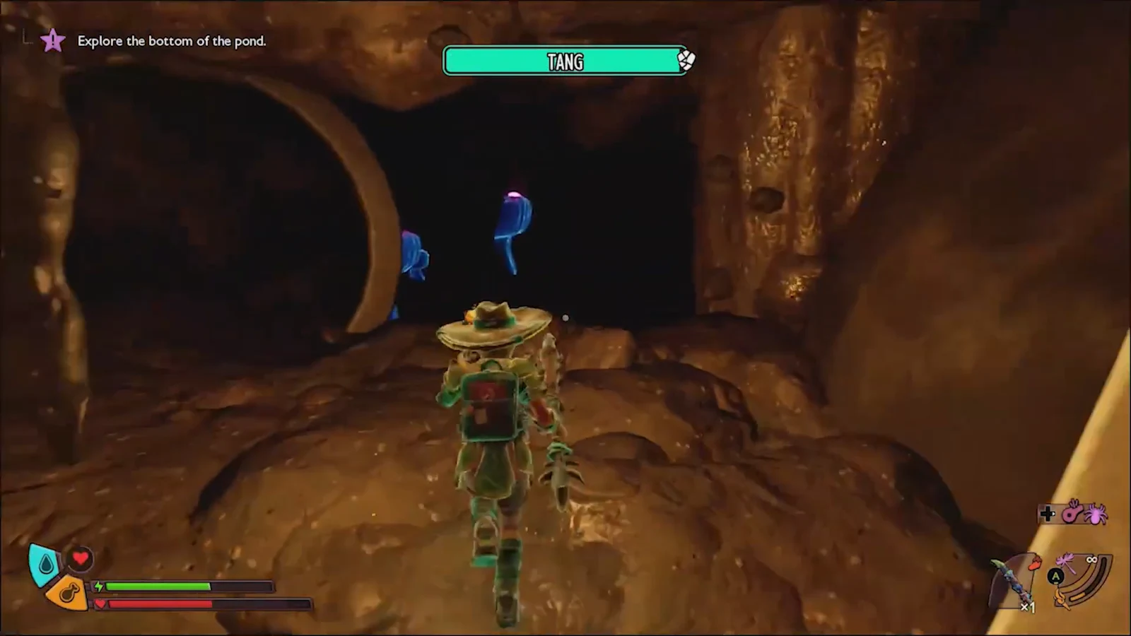 Character advancing through an underwater cavern with the explore the bottom of the pond objective active