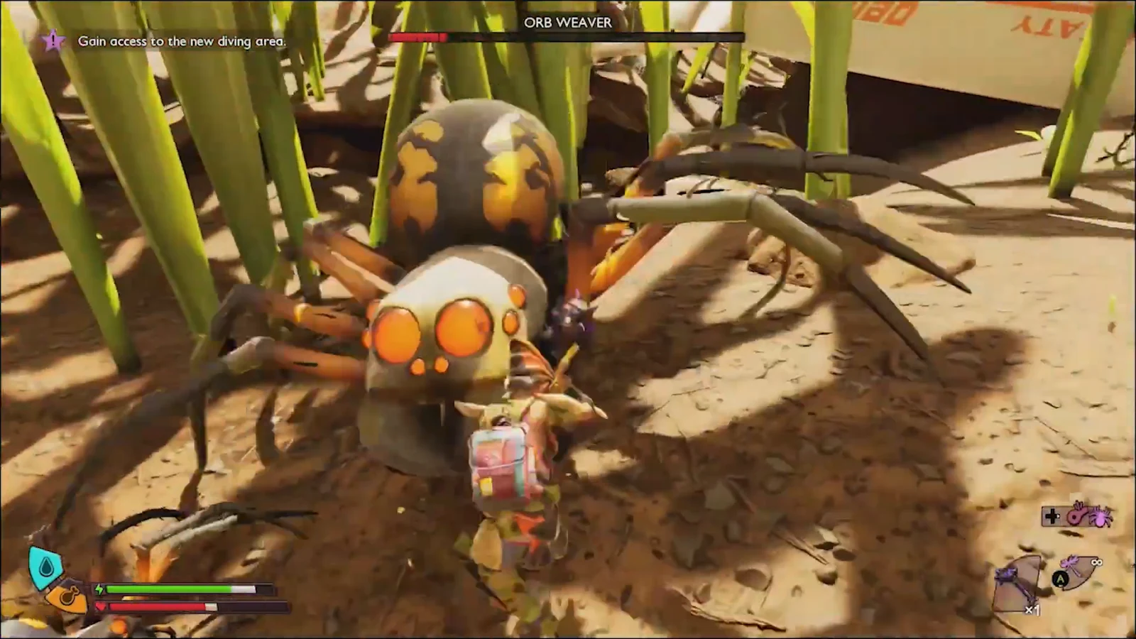 Player striking an Orb Weaver with the recovered hammer during the objective