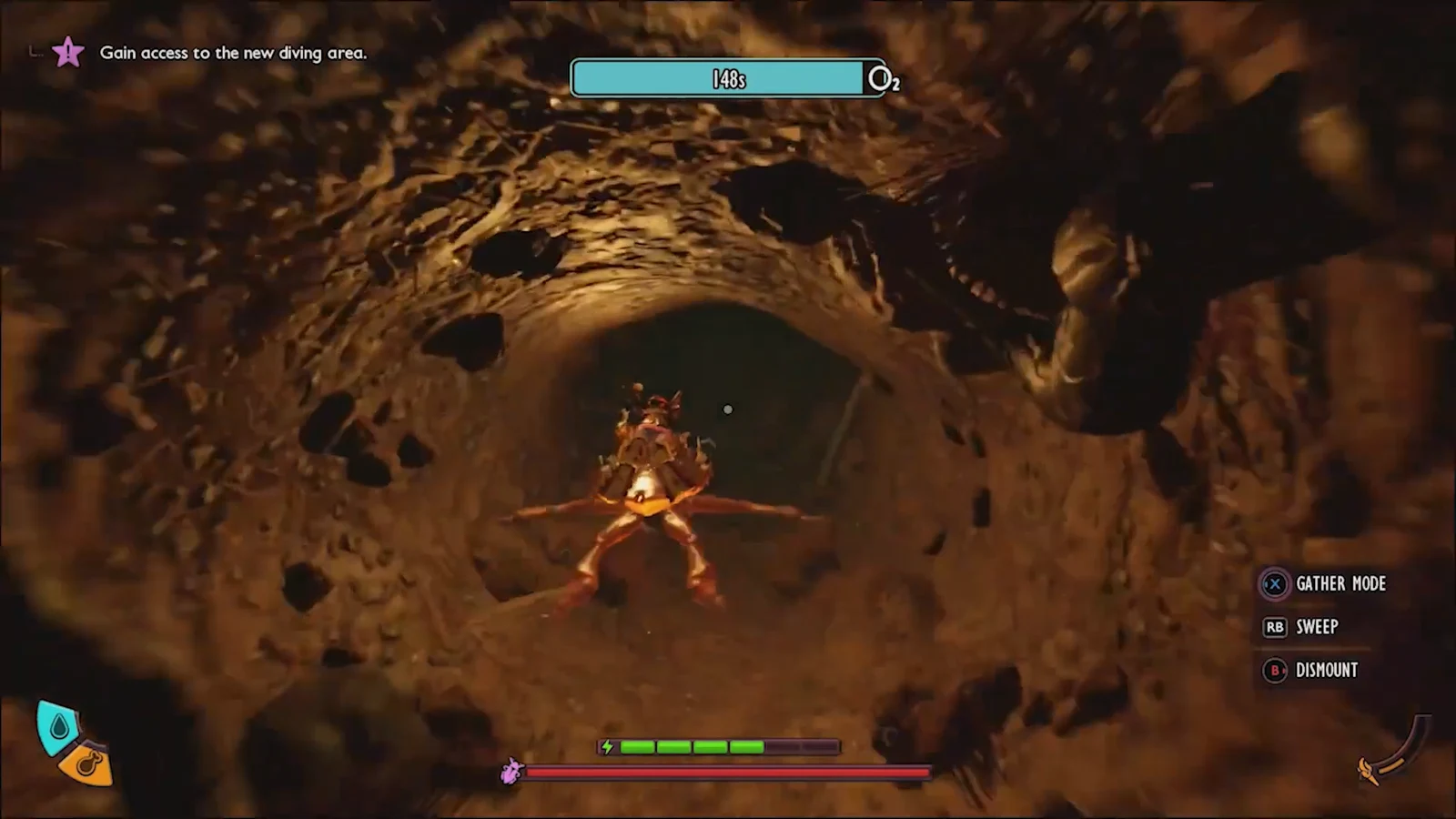 Character swimming through a rocky underwater tunnel with an oxygen timer counting down