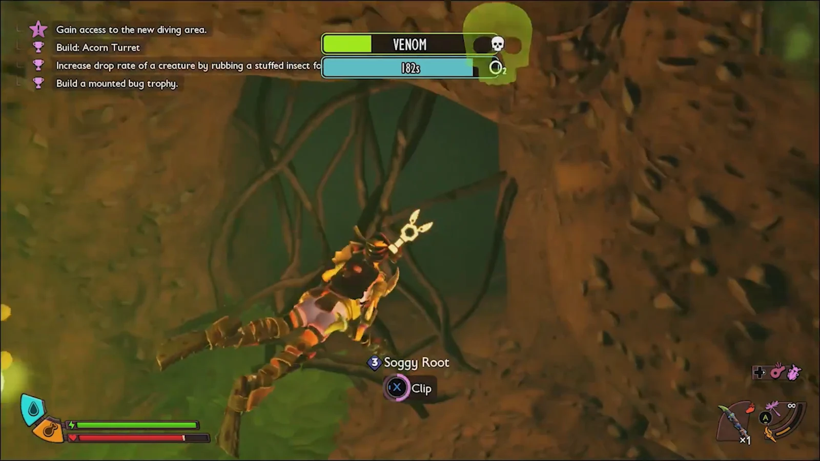 Soggy Root highlighted underwater with a Clip button prompt