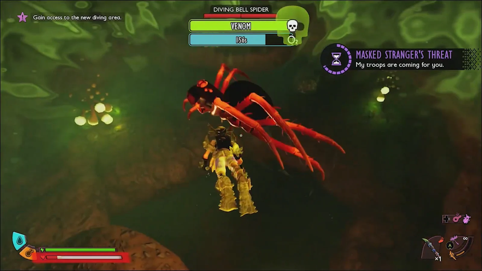 Diving Bell Spider fight underwater with a venom warning and oxygen counter on the HUD