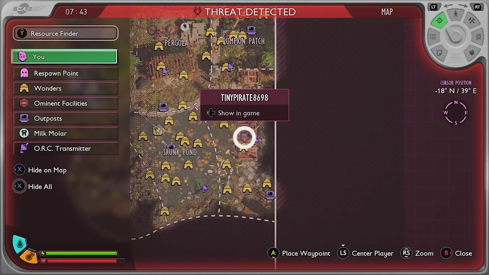Map screen with a selected player marker and a Show in game option near the bridge