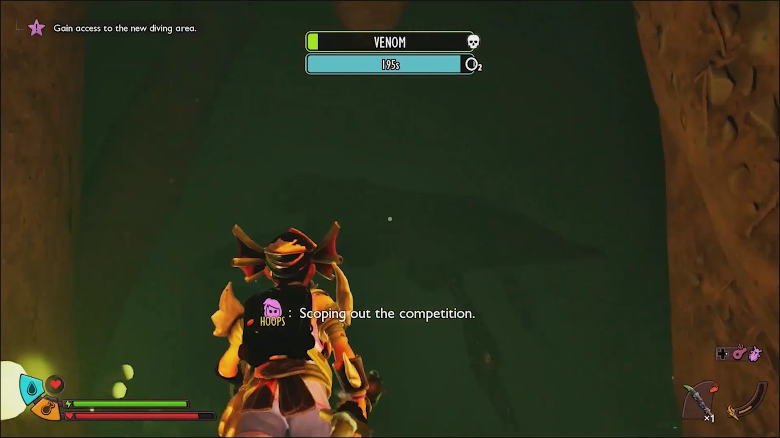 Character swimming deeper underwater with venom and oxygen readouts on the HUD