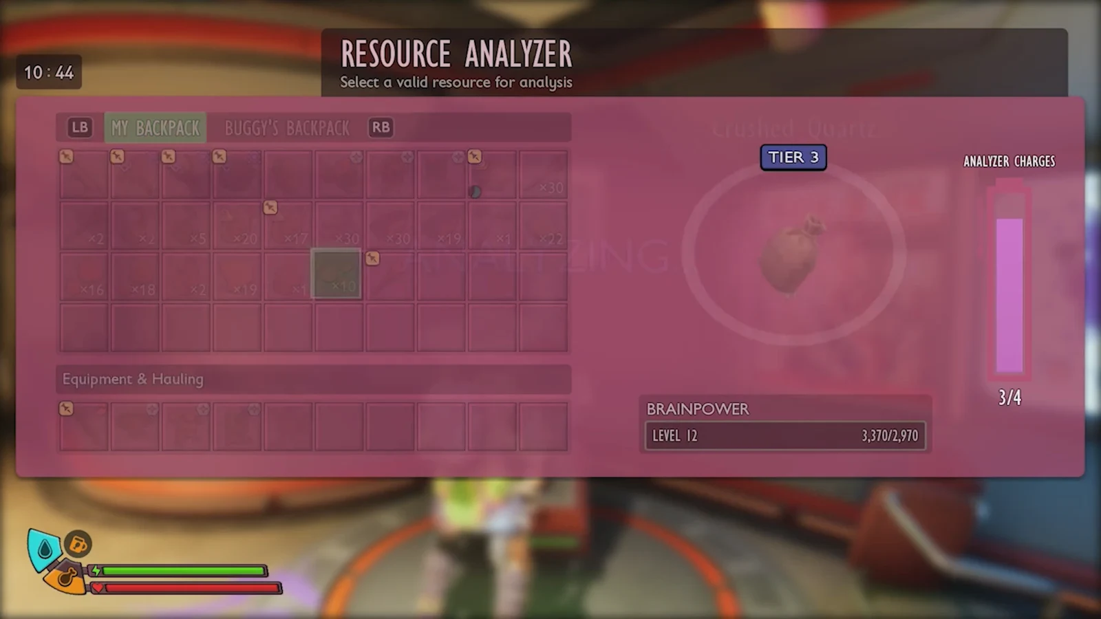Tier 3 Resource Analyzer inventory selecting a material to scan with charges remaining