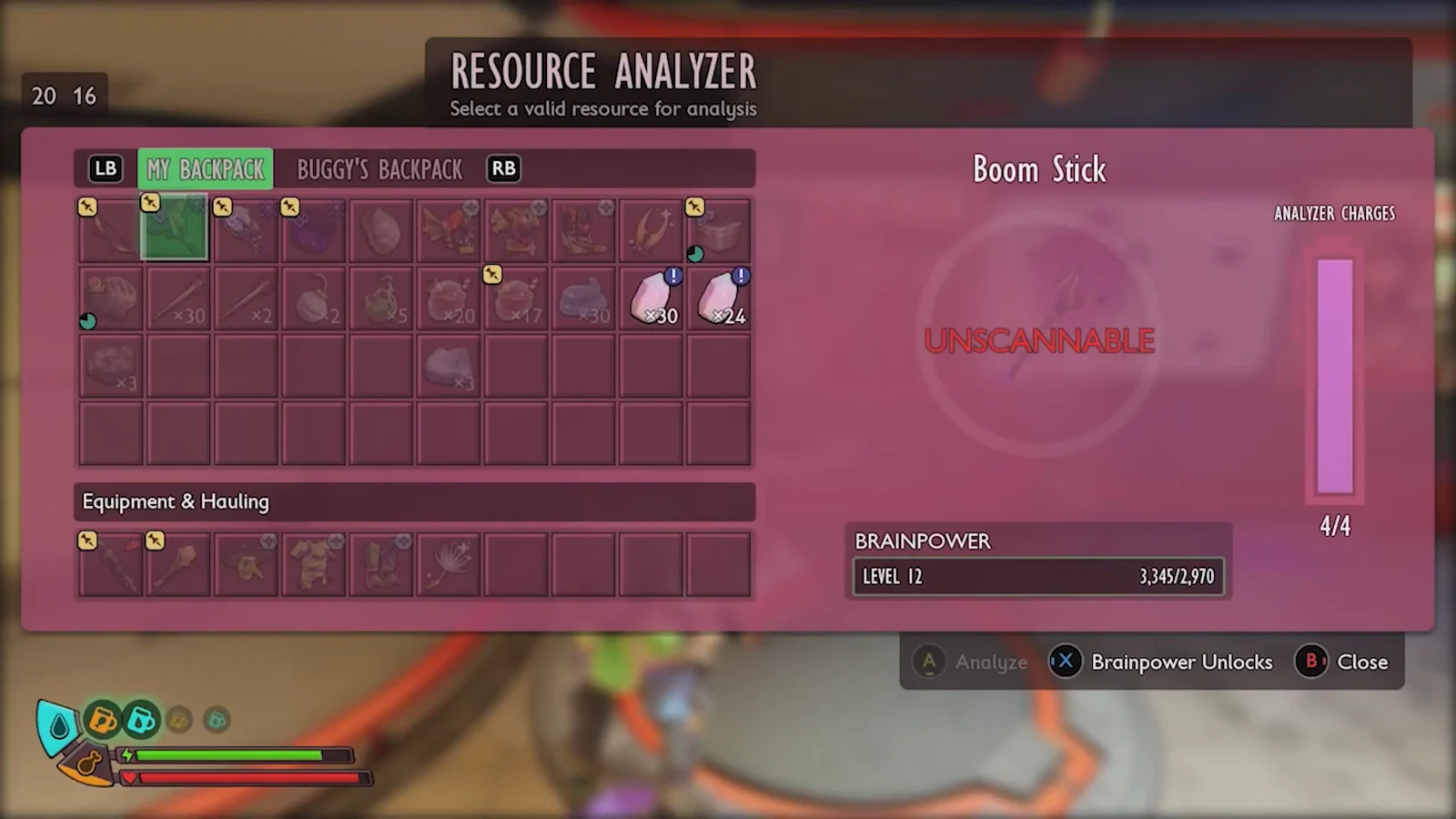Resource Analyzer screen with a backpack item selected, showing whether it can be scanned