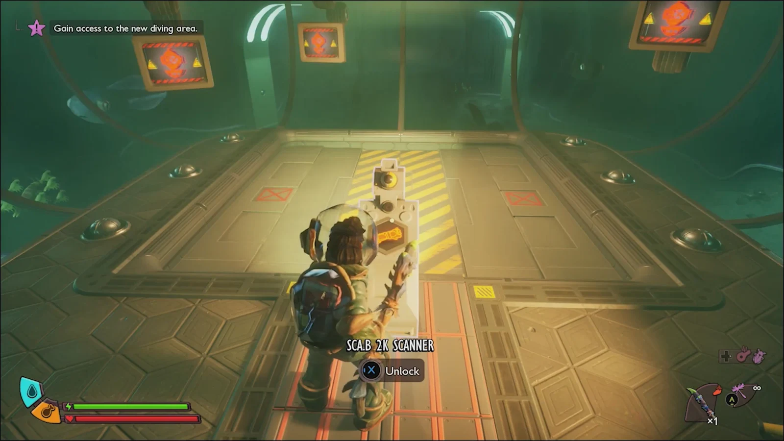 SCAB scanner prompt highlighted with a press-X action to unlock the diving area