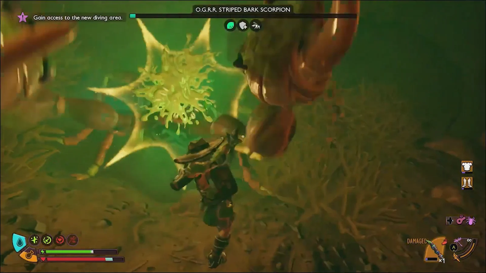 Player striking the giant O.G.R.R. Striped Bark Scorpion with a green splatter hit effect