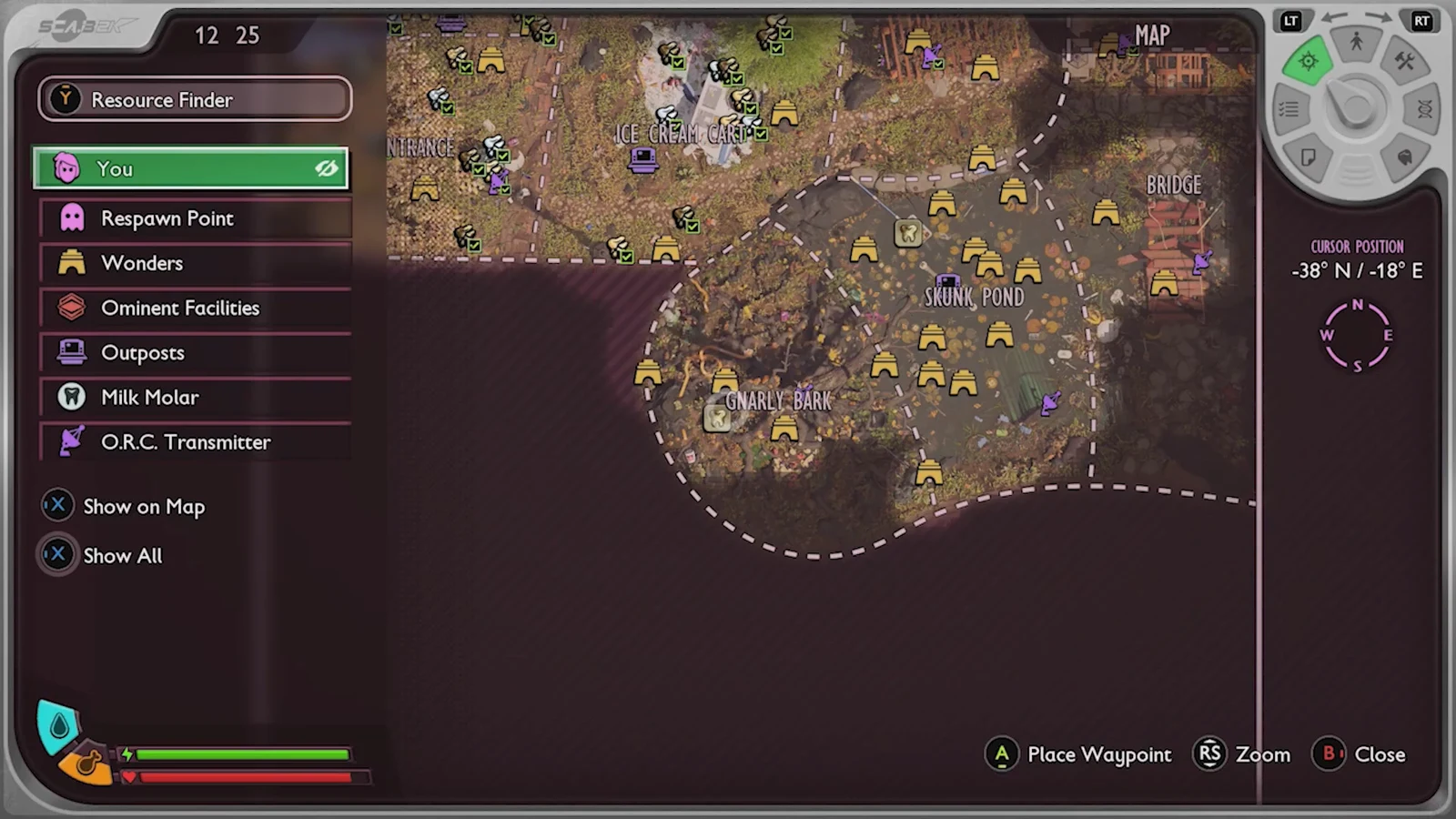 Map screen with the Resource Finder open, marking the pond cave entrance near the Paper Boat