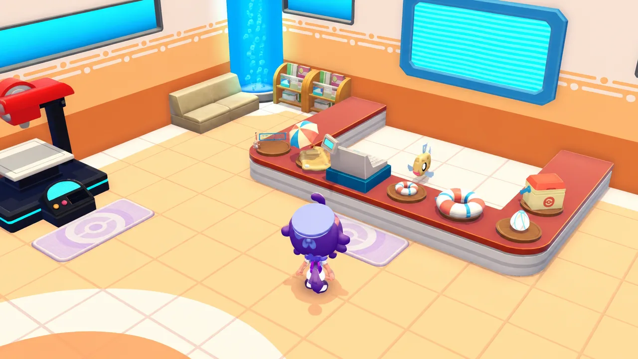 Feebas selling items in the Pokemon Center in Pokemon Pokopia
