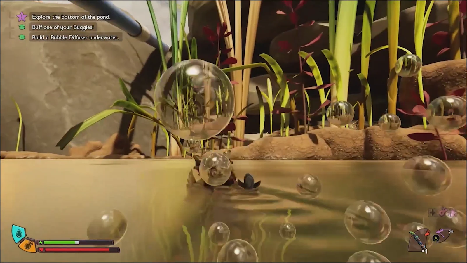 Underwater in Skunk Pond surrounded by bubbles with the pond-exploration objective on screen