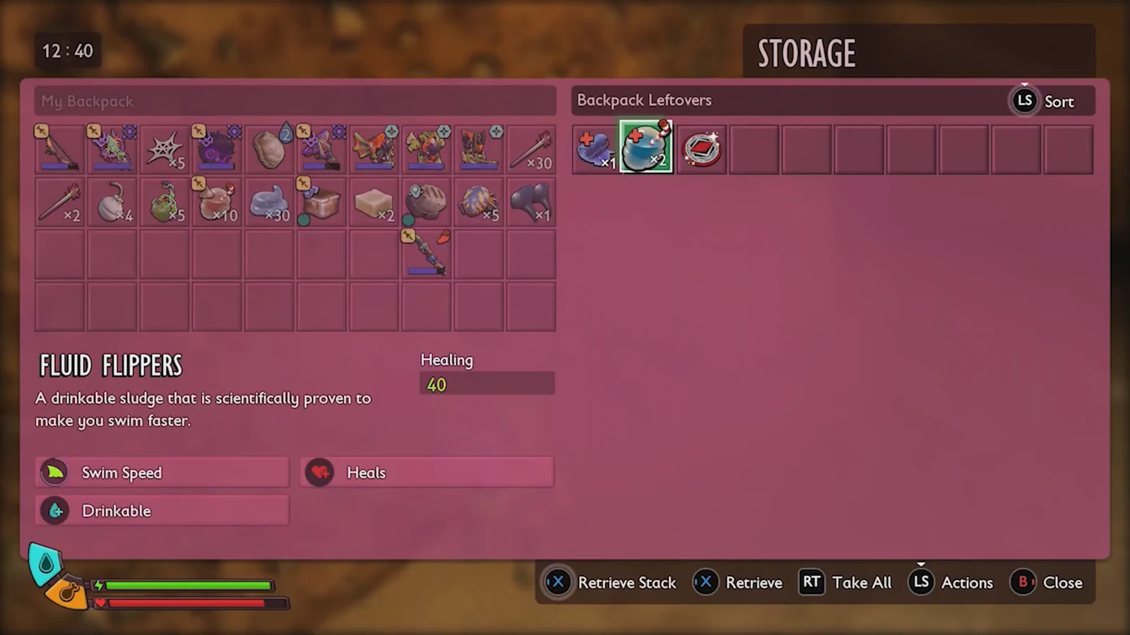 Backpack Leftovers storage screen open while looting the Ominent worker's corpse