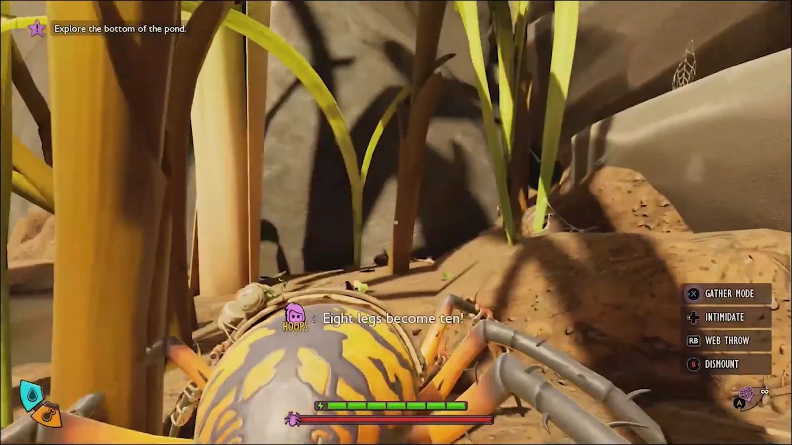 Riding a spider mount across the pond with gather and web-throw controls shown on screen