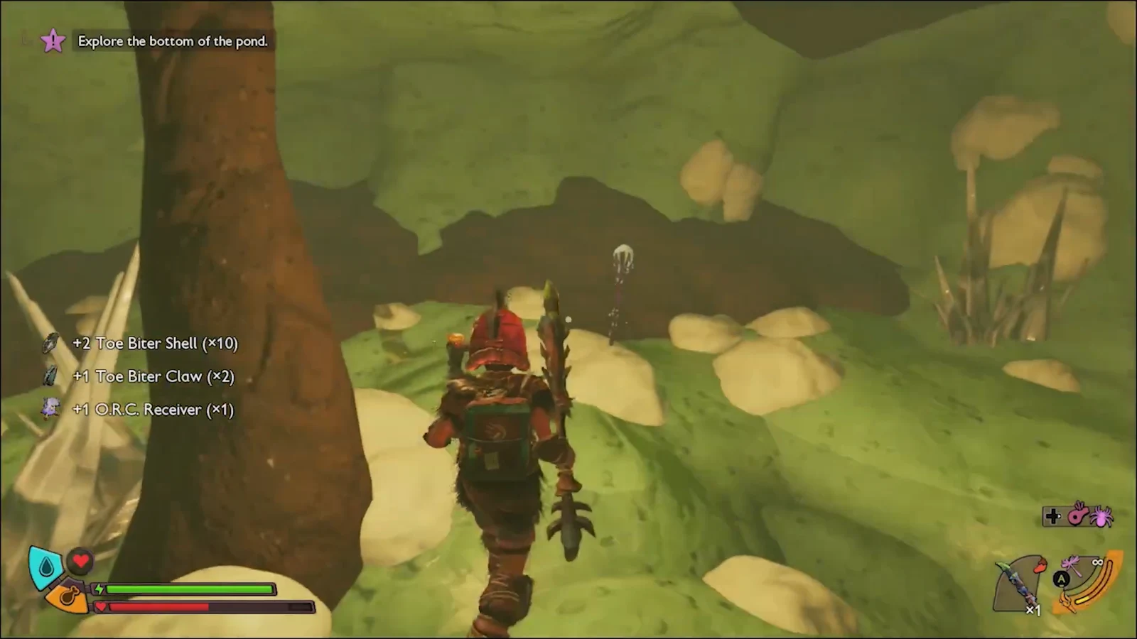 Player character moving across the pond floor after collecting loot