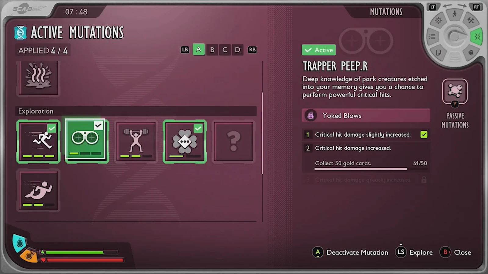 Active Mutations menu showing a passive mutation and card collection progress