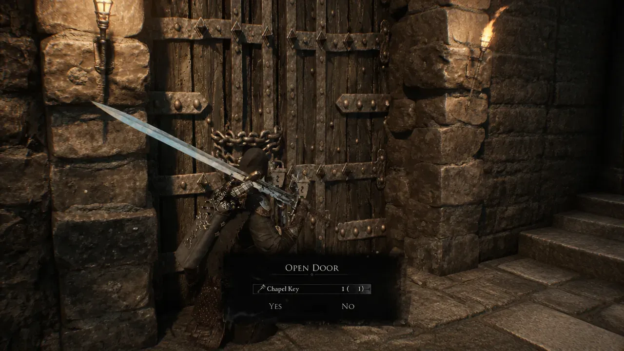 Open Door prompt asking to use one Chapel Key on a chained wooden gate