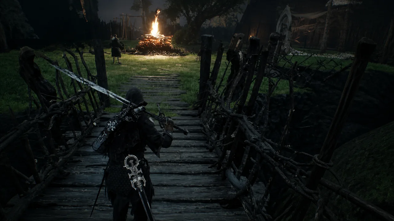 Player crossing a wooden bridge toward a bonfire in a dark forest village