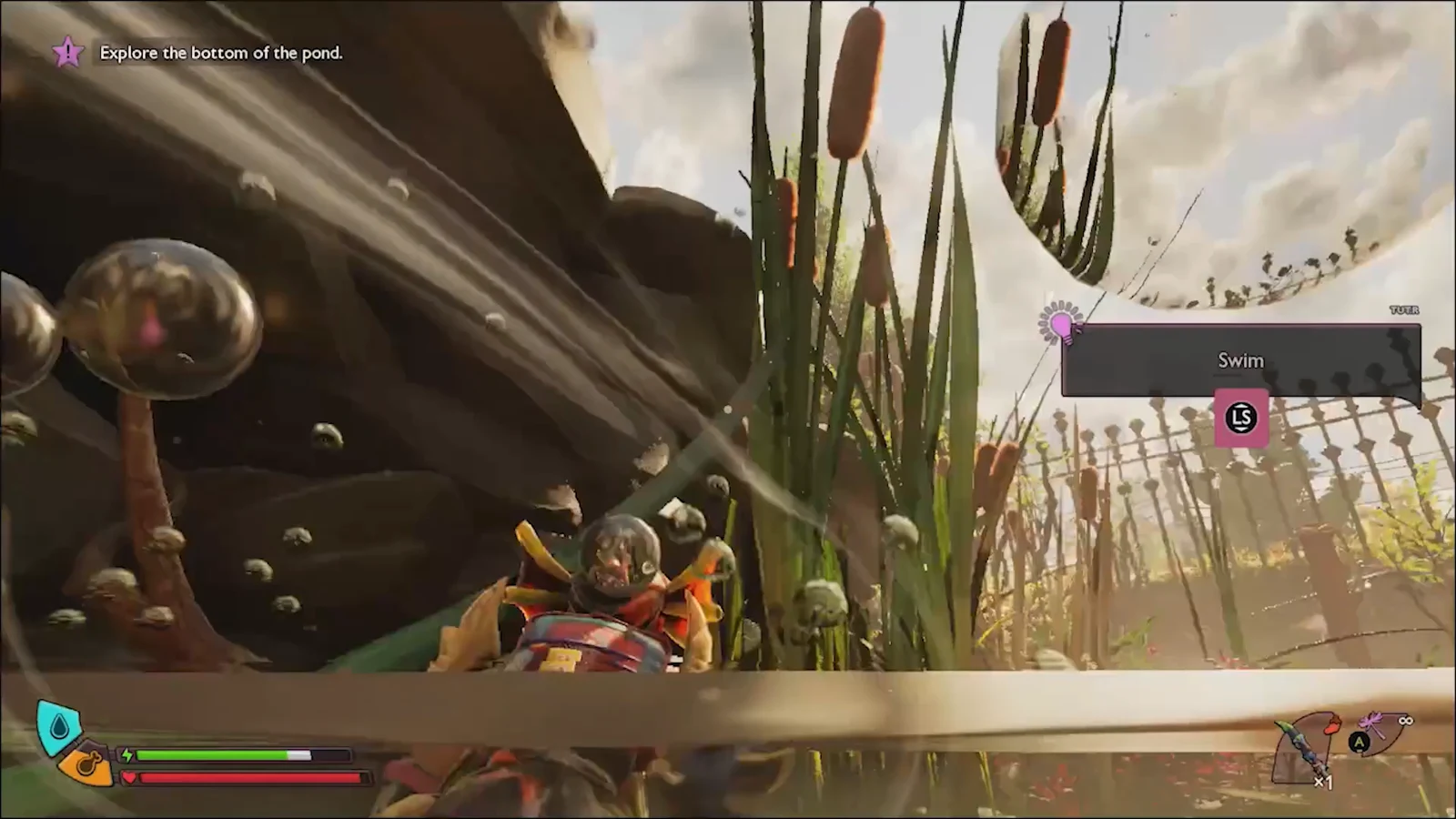 Swim control prompt shown while the character moves through the pond toward the twig