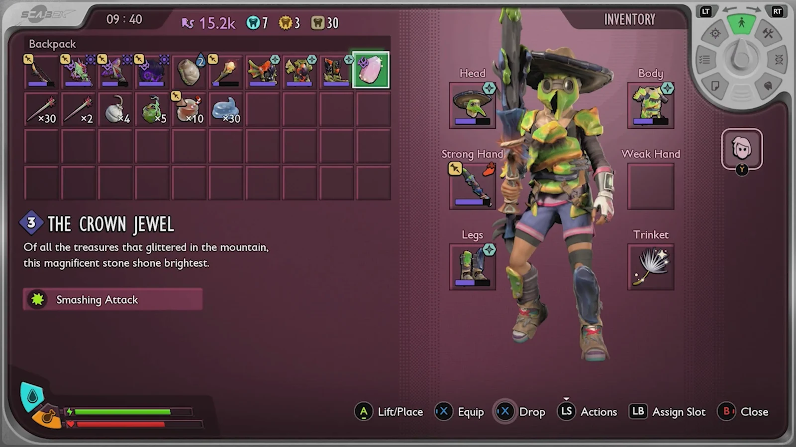 Inventory screen showing The Crown Jewel description and its Smashing Attack ability