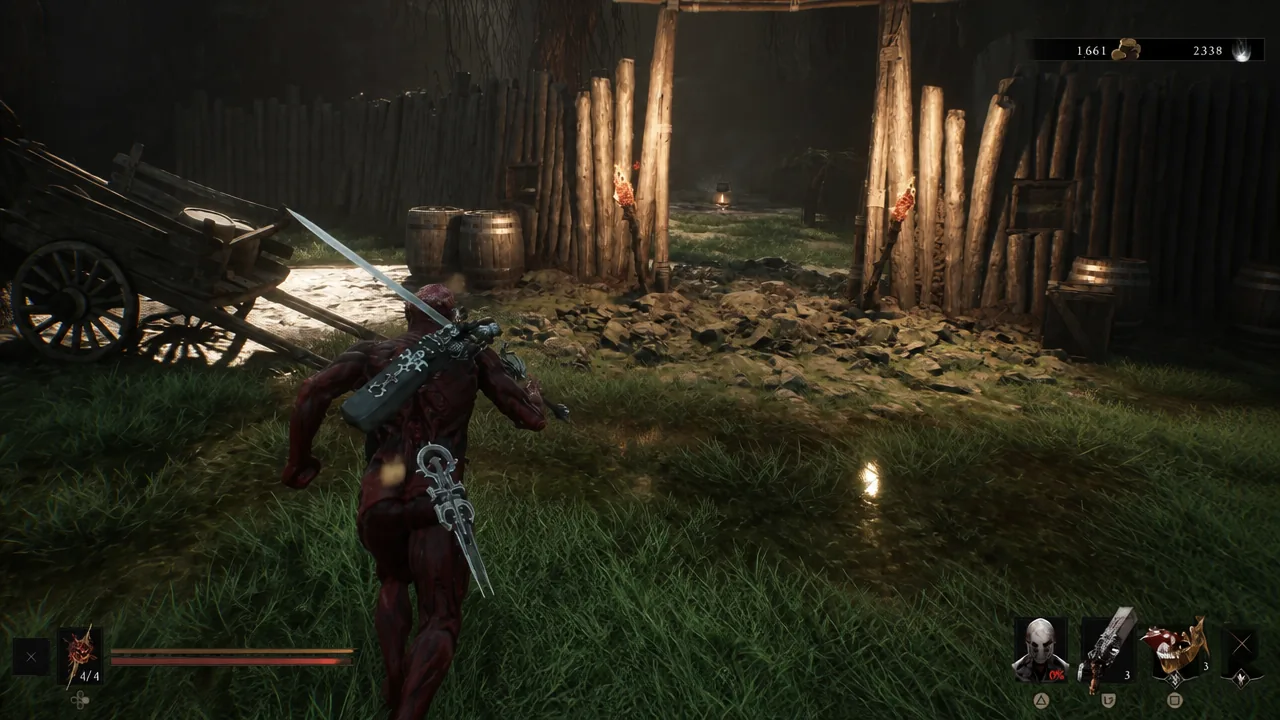 Harbinger approaching the torch-lit wooden palisade entrance with the combat HUD on screen